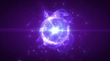 Soyut parlayan küre, enerji topu ışık ışınlarıyla parlıyor, parçacıklardan ve noktalardan gelen sihirli dalgalar, soyut atom bilimi arka planı, kusursuz döngü