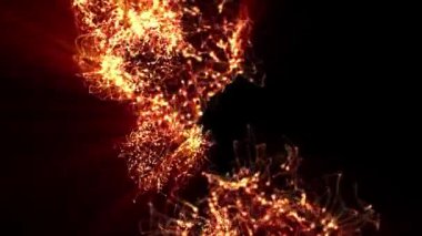 Dalgalı şekilli parçacıklara sahip soyut bir arka plan, dalga enerjili dijital altın küreler. Kusursuz 4k döngü videosu