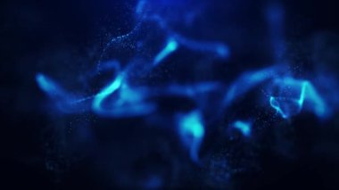 Sihirli parçacıkların mavi renkli soyut arkaplanı, parçacıklar dalga enerjisi ile parlar ve hareket eder, güzel nebula, peri tozu, kusursuz döngü, 4K.