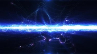 Soyut fütüristik siber dünya sahnesi, girdap şeklinde dönen parçacık ağı ağı, parlayan teknoloji yüzeyi, neon gece sahnesi, dijital bilim arka planı 4K animasyon, sanal gerçeklik konsepti.