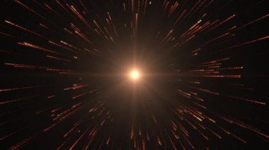 Titreyen parçacıklardan oluşan dijital bir tünel, siber uzayda seyahat, dijital bir teknolojik tünelde uçmak. Uçan altın ışıldayan parçacıklar