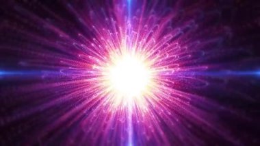 Soyut parlayan küre, enerji topu ışık ışınlarıyla parlıyor, parçacıklardan ve noktalardan gelen sihirli dalgalar, soyut atom bilimi arka planı