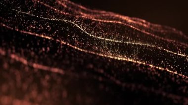 Dijital parçacık dalgası ve ışık soyut arkaplan, fütüristik siber zemin, ışıldayan altın toz ve parıldayan parçacıkların dalga sihirli animasyonu, parıldayan ve ışıldayan noktalar. Üç boyutlu. Kusursuz 4k döngü videosu