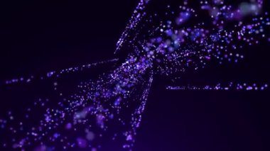 Parlayan neon parçacıkları ya da parlak noktalı ışık ışınlarıyla soyut dijital arkaplan. Parlayan parlak partikül çizgilerinin hareketi. Geleceğe yönelik bir geçmiş. Kusursuz döngü