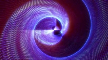 Parçacıklardan oluşan soyut dönen yüzey. Yüksek teknolojili renkli spiral. Döndürme arka planı. Gelecekçi siber ağ tüneli