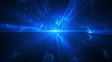 Soyut dijital dalgalar parlak ışık huzmeleri yayar ve mavi arkaplanda dalga enerjisi, büyük veri görselleştirmesi, geleceksel ve teknolojik, 3D, 4K, kusursuz döngü.