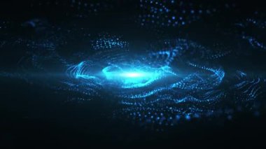 Mavi arkaplanda hareket eden ışıldayan parçacıkların ve noktaların soyut parlayan sihirli dalgası, büyük veri görselleştirmesi, geleceksel ve dijital arkaplan, 3D, 4K, kusursuz döngü