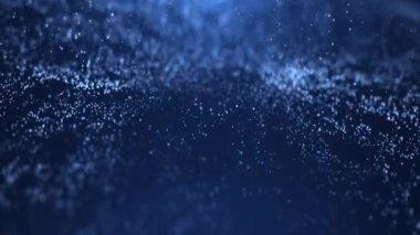Parçacıkların ve noktaların soyut parlayan dalgaları mavi arkaplanda, büyük veri görselleştirmesi, fütüristik ve dijital arkaplan, 3D, 4K, kusursuz döngü