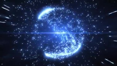 Karanlık bir zemin üzerinde parlak mavi noktalardan oluşan soyut yuvarlak küre ve uçan parçacıklar, parlak noktalardan oluşan enerji topu, küresel top hareketi. Kusursuz 4K video döngüsü