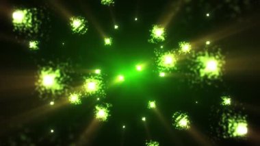 Uçan parlak toz ve parlak parçacıklar, soyut yeşil sihirli parçacıklar. Kusursuz döngü 4k video