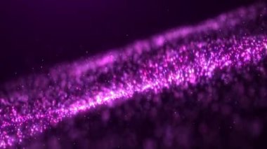 Mavi zemin üzerinde hareket eden parçacıkların ve noktaların soyut, parlak, mor siber dalga mor dalgası, büyük veri görselleştirmesi, geleceksel ve teknolojik, 3D, 4K, kusursuz döngü.