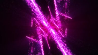 Parıldayan parçacıklar ve havai fişeklerden oluşan parlak bir iz. Işık hızı, animasyon. Soyut parçacık çizgileri ya da neon çizgileri. Uzayda solucan deliği olan bir tünel. 3D, 4K. döngü canlandırması