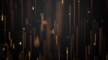Düşen parlak altın parçacıklar, toz ve parlak noktaların animasyonu, güzel bokeh, turuncu parçacıkların yağmuru, parıltı. animasyonsuz döngü 4k video.