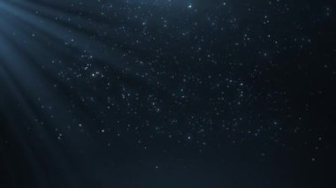 Mavi arka planda uçan toz. 4K hareket grafikleri. Kar yağışı parçacığı kaplaması, ışıltılı animasyon