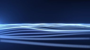 Mavi zemin üzerinde hareket eden parçacıkların ve noktaların soyut dijital parlayan dalgası, büyük veri görselleştirmesi, geleceksel ve teknolojik, 3D, 4K, kusursuz döngü.
