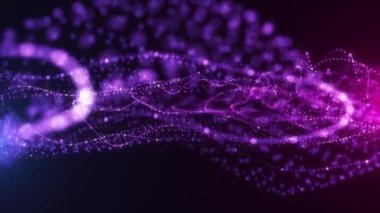 Dijital mor parçacık dalgaları. Noktalardan oluşan soyut teknoloji arka planı. Hareket eden renkli parçacıkların gelecekteki dalgalı yüzeyi. Büyük veri görselleştirmesi. 4K 'lık kusursuz döngü videosu. Ekran Koruyucu