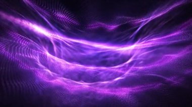 Dijital mor parçacık dalgaları. Noktalardan oluşan soyut teknoloji arka planı. Hareket eden renkli parçacıkların gelecekteki dalgalı yüzeyi. Büyük veri görselleştirmesi. 4K 'lık kusursuz döngü videosu. Ekran Koruyucu