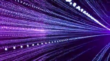 Mor renk eğrilerinin parıldayan neon parçacıkları ile soyut dijital arkaplan. Parlayan parlak partikül çizgilerinin hareketi. Kusursuz döngü soyut arkaplan