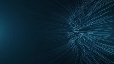 Mavi arkaplanda parlayan neon parçacıkları olan soyut dijital arkaplan. Parlayan parlak partikül çizgilerinin hareketi. Kusursuz döngü soyut arkaplan