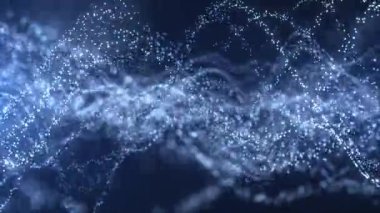 Mavi zemin üzerinde hareket eden parçacık ve noktalardan oluşan soyut parlayan dijital siber dalga, büyük veri görselleme, geleceksel ve teknolojik, 3D, 4K, kusursuz döngü.