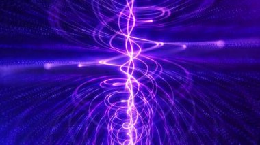 Parlayan parçacıklarla dolu renkli yüksek teknolojili arka plan, dönen noktalar karmaşık spiral yapılar oluşturuyor. Bilimkurgu dijital uzay, parçacıklar çizgiler ve yüzey spiralleri oluşturur. Soyut arkaplan.