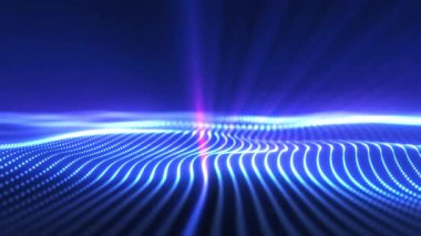 Mavi zemin üzerinde parlak ışık demetleri, büyük veri görselleştirmesi, fütüristik ve dijital arkaplan, 3D, 4K, pürüzsüz döngü ile hareket eden parçacık ve noktaların soyut parlaklığı