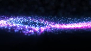 Parlak simli parçacıklardan oluşan soyut parlayan dijital siber dalga, koyu arkaplan üzerinde hareket ediyor, fütüristik ve teknolojik, 3D, 4K, kusursuz döngü.