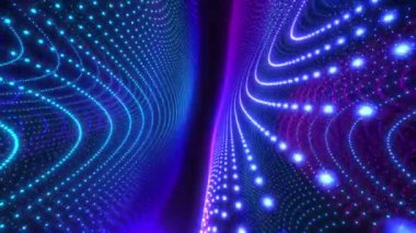 Parlayan parçacıklarla dolu renkli yüksek teknolojili arka plan, dönen noktalar karmaşık spiral yapılar oluşturuyor. Bilimkurgu dijital alanı, parçacıklar çizgiler ve yüzey dalgaları oluşturur.
