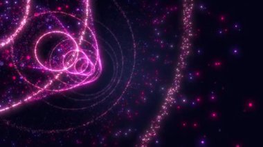 Dijital fütüristik parçacık tüneli ya da zaman ve uzayda yüksek hızda seyahat, parlak neon parçacık çizgileri ve parlak noktalar. Yüksek teknoloji koridoru, warp hızı, solucan deliği.