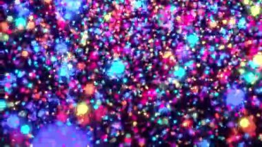 Soyut renkli parçacıklar yukarı doğru uçuyor. Gökkuşağı ışıkları parçacıkları, hareket eden arka plan. Kusursuz döngü canlandırması