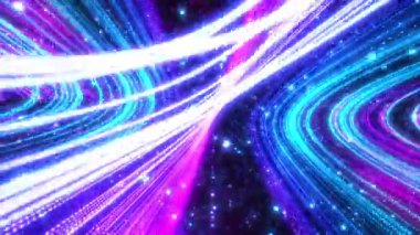 Dijital fütüristik tünel ya da zaman ve uzayda yüksek hızda seyahat, parlak neon hatları ve parlayan parçacık akışı. Yüksek teknoloji koridoru, warp hızı, solucan deliği.