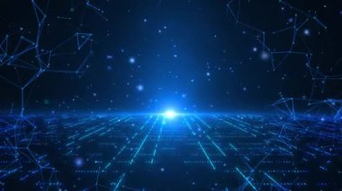 Fütürist siber dünyanın soyut sahnesi, bilim kurgu ve pleksus, büyük veri ve parçacık akışları, teknolojik parlayan yüzey, neon gece sahnesi, dijital bilim arka planı 4K animasyonu