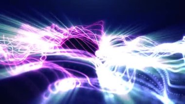 Parlak parçacıkların soyut dijital dinamik dalgaları ışık hareketi arka planı, veri akışı ve siber teknolojiye sahip neon ışınları yaratıyor. 3 boyutlu görüntüleme. Kusursuz döngü video 4k