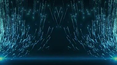 Parlayan neon kıvrımlı parçacık çizgileri yukarı doğru uçan soyut dijital arkaplan. Parlayan parçacık çizgilerinin hareketi. bağlantı görselleştirme. Kusursuz döngü soyut arkaplan