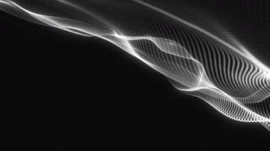 Siyah ışık arka planında hareket eden parçacıkların ve toz noktalarının soyut dijital dalgası. Bağlantının görselleştirilmesi ve büyük verilerin akışı.