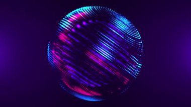 Siyah zemin üzerinde parlak pembe ve mavi parlak parçacıklardan oluşan soyut yuvarlak küre, parlak noktalardan oluşan enerji topu, küresel top hareketi. Bilim kurgu. Kusursuz döngü video 4k