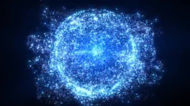 Parçacıklardan, noktalardan ve mavi renk dalgalarından oluşan soyut parlayan küre, dijital teknoloji arka planı. Enerji topunun etrafında dönen toz parçacıkları
