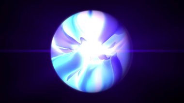 Karanlık arka plan, enerji topu, küresel küre üzerinde parlayan parlak pembe ve mavi sihirli parçacıkların soyut yuvarlak küresi. Atom fiziği bilimsel arka plan