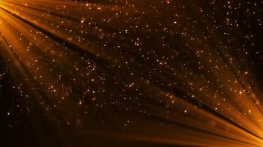 Düşen parlak altın parçacıklar, toz ve parlak noktaların animasyonu, güzel bokeh, turuncu yıldızların yağmuru, parıltı. Parlak spot ışıkları ve ışınlar tarafından aydınlatılmış bir sahne ile arka plan. animasyon Kusursuz Döngülü Video 4k.