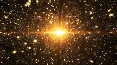Sarı parçacıkların soyut arkaplanı. Parlak bir arka plan. Koyu arkaplanda parlak toz ve güzel bokeh. Galaksi ve yıldızlarla dolu bir arka plan. Kusursuz döngü