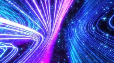 Yüksek teknolojili spiral şekilli ve neon yüzeylerde uçan parlak toz parçacıklarının olduğu gelecekçi siber dünyanın soyut bir sahnesi. Bilim kurgu tüneli