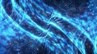Parçacıkların soyut dijital mavi dinamik dalgaları ve hareketli ışık arka planı, veri akışı, siber teknoloji. 3 boyutlu görüntüleme. Video ekran koruyucu canlandırması