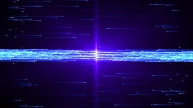 Parlayan neon parçacıkları birbirlerine doğru uçan soyut dijital arkaplan. Parlayan parçacık çizgilerinin hareketi. Bağlantının ve bağlantının görselleştirilmesi. Kusursuz döngü soyut arkaplan