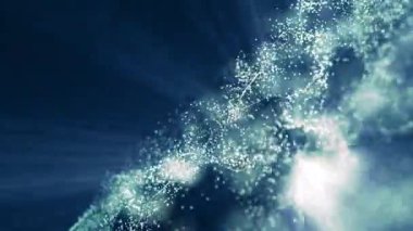 Parlayan parçacıkların parlak ışık saçan gelecekteki dalga arkaplanı. Enerji kasırgasında uçan parçacıklar, sihirli parçacıklar soyut bir arkaplanda parıldıyor ve kıvrılıyorlar. Video 4k.