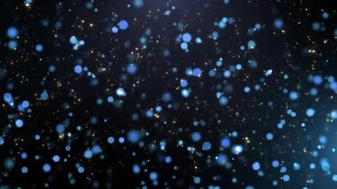 Doğum günü ve bayram kutlamaları için soyut altın ve mavi parçacıkların hareketli konsepti. Koyu arkaplanda ışık parçacıkları olan 4k bokeh arkaplan. Işık sızıntısı efektli animasyon görüntüleri.
