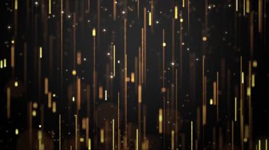 Parlak altın parçacıkları, toz ve parıltı noktaları animasyon, güzel bokeh, turuncu parçacık yağmuru, sim. Tatiller için lüks bir geçmiş. animasyonsuz döngü video 4k.