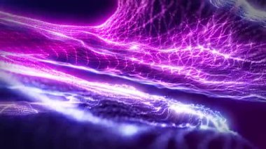 Hareket ışığı arka planı, veri akışı, siber teknolojisi olan parlayan parçacıkların soyut dijital dinamik dalgaları. 3 boyutlu görüntüleme. Kusursuz döngülü video 4K. Video ekran koruyucu canlandırması