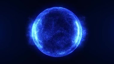 Parlayan sıvı parçacıklar ve koyu arkaplanda sihirli plazmadan oluşan koyu mavi parıldayan enerji küresi. soyut atom bilimi arka planı, kusursuz döngü