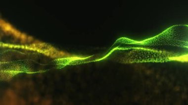 Parçacık ve noktalardan oluşan soyut parlak dalga yüzeyi. Siber dalga. Dijital döngülü arkaplan