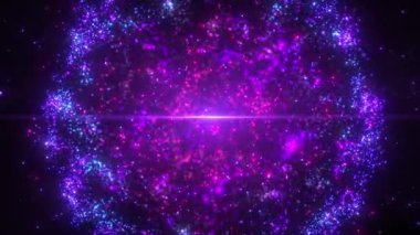 Parlak ışık ışınları ve hareket eden toz ve ışık parçacıklarıyla soyut ve enerjik bir arkaplan. Kusursuz döngü. Hiper uzay yıldızlardan uzaya sıçrar.
